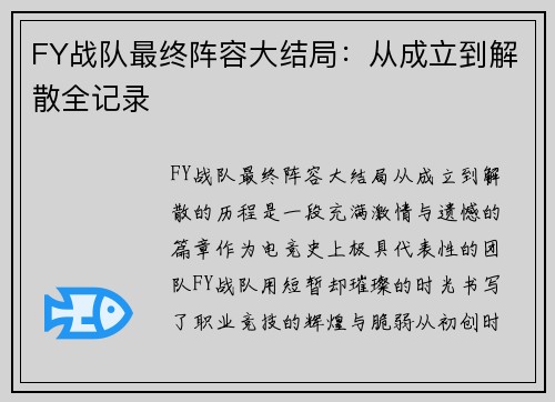 FY战队最终阵容大结局：从成立到解散全记录