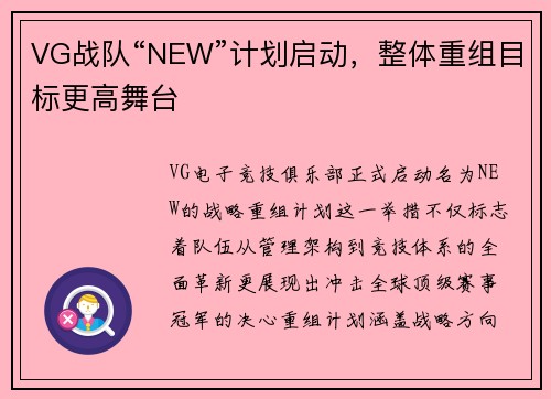 VG战队“NEW”计划启动，整体重组目标更高舞台