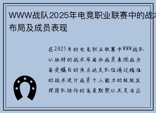 WWW战队2025年电竞职业联赛中的战术布局及成员表现